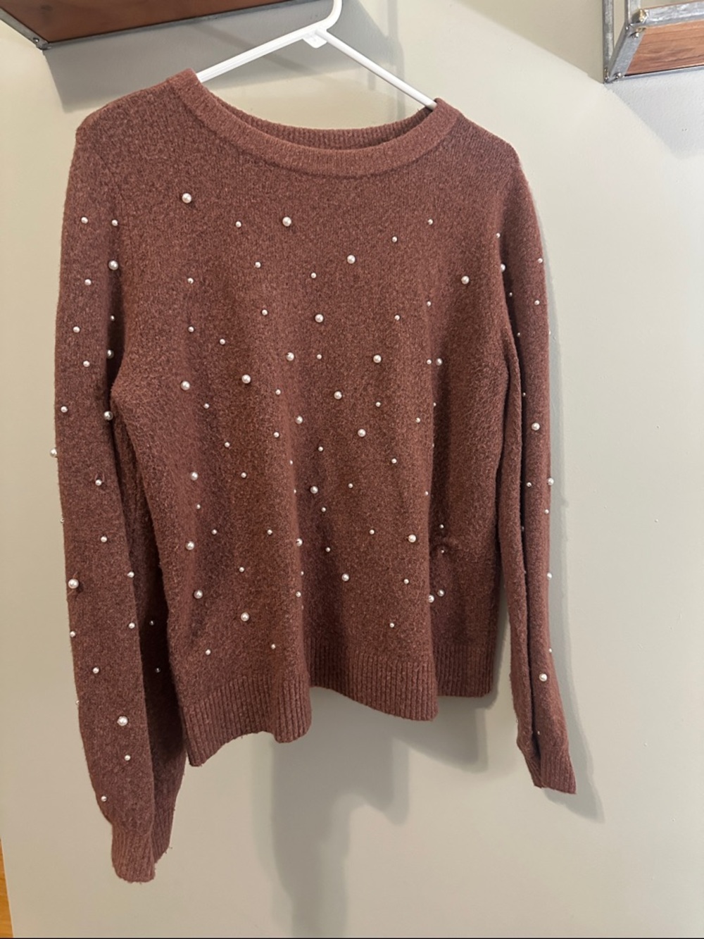 LOFT Brown Pearl-Accent Crewneck Sweater
